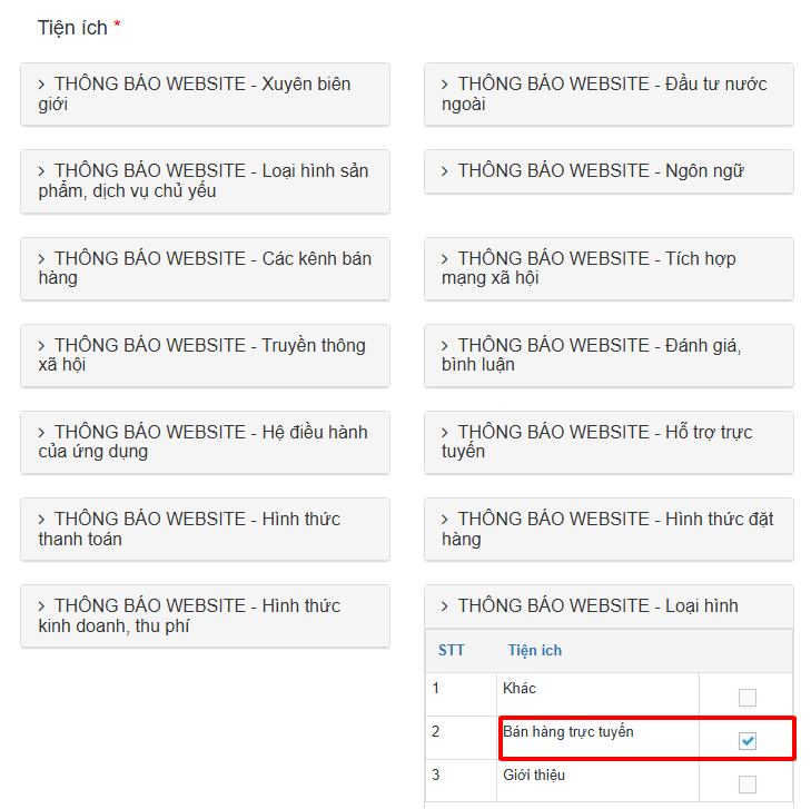 Thông báo website với Bộ Công Thương 2025 – Hướng dẫn chi tiết 17 Lựa chọn loại hình Bán hàng trực tuyến nếu bắt buộc phải điền thông tin ở mục Tiện ích