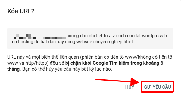 Cách xóa URL bị index spam và chặn spam index hiệu quả trên WordPress 2025 16 GSC xác nhận lại lần nữa url bạn vừa gửi yêu cầu xóa