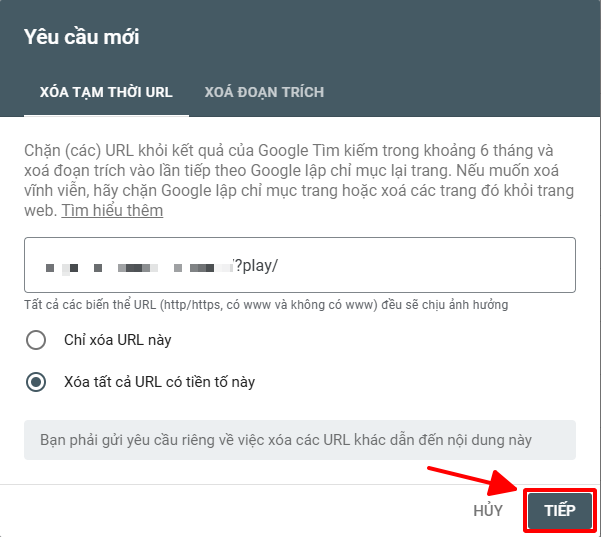 Cách xóa URL bị index spam và chặn spam index hiệu quả trên WordPress 2025 17 Chọn Xóa tất cả URL có tiền tố này để xóa hàng loạt link có cùng cấu trúc