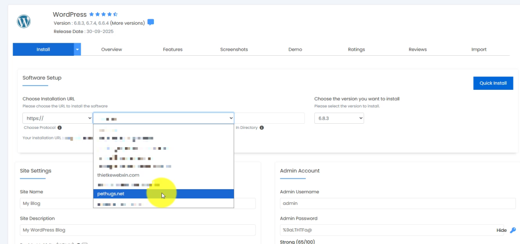 Chọn tên miền cần cài đặt website mới trong bảng điều khiển của  Softaculous Apps Installer